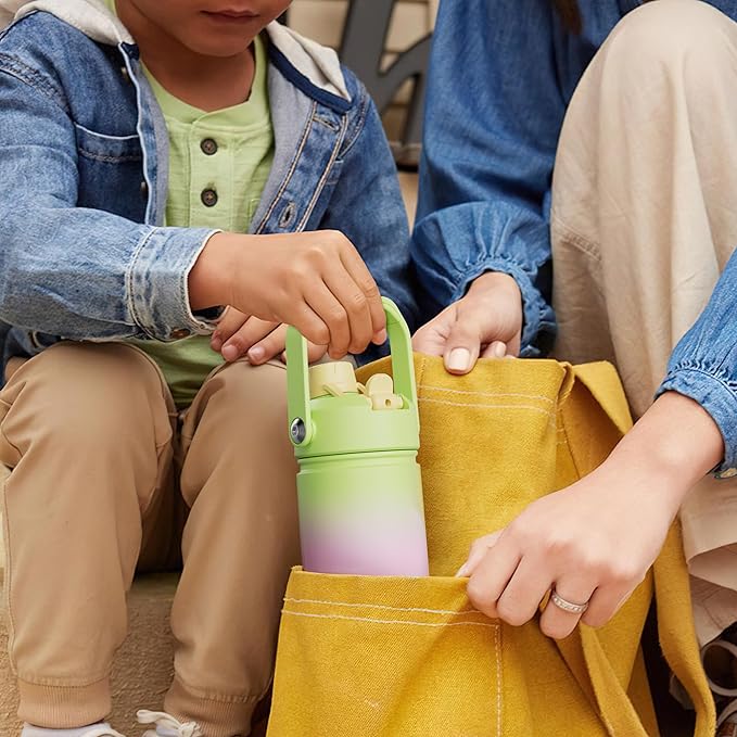 Kids Insualated Water Bottle with Straw - 12oz Stainless Steel Water Bottle with Dual Spouts, Leak-Proof, BPA-Free, Double Wall Vacuum Keeps Cold for 24 Hours for Sports, Travel, School (Raw Umber)