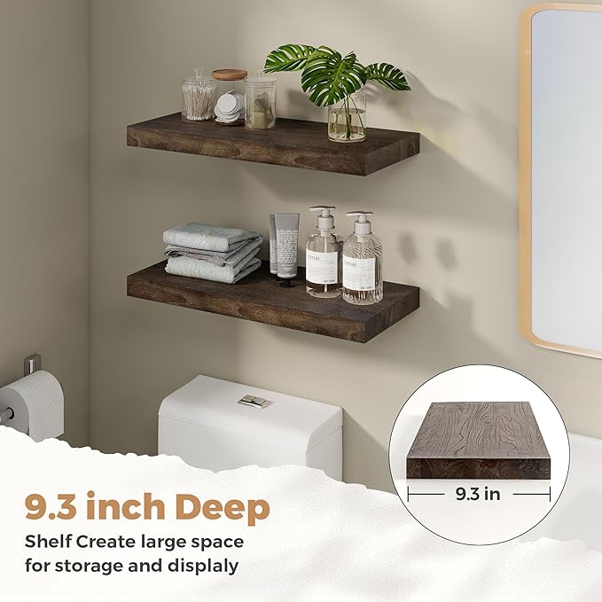 RICHFOCUS Elm Floating Shelves for Wall - 24" W x 9.3" D Rustic Solid Wood Shelves with Invisible Bracket, Wall-Mounted for Living Room, Bedroom, Kitchen Storage & Display, Set of 2, Walnut-Ruum Studio Home