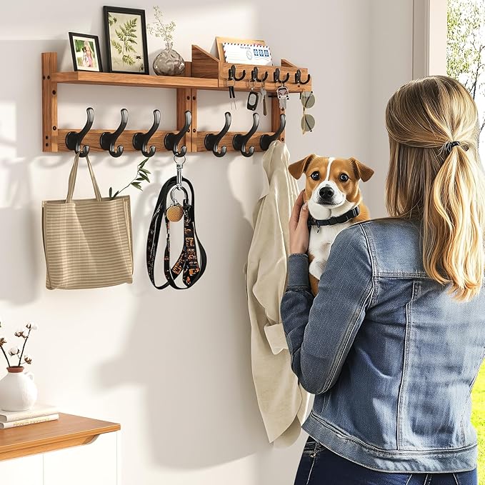 29" Coat Rack Wall Mount with Shelf, 4 in 1 Wall Mounted Coat and Key Hanger with 11 Hooks, Entryway Key Holder with Mail Holder for Living Room, Bedroom-Ruum Studio Home