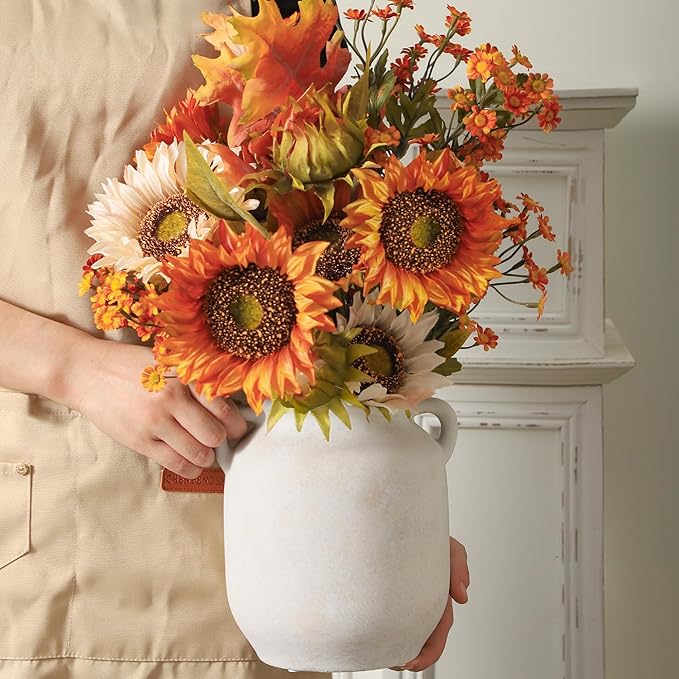 Ceramic Flower Vase Home Decor - 7.6 Inch Farmhouse Rustic White Table Vases with Handle Living Room Decoration Decorative Vintage Pottery for Kitchen Shelf Coffee Dining Desk Bookshelf Fireplace-Ruum Studio Home