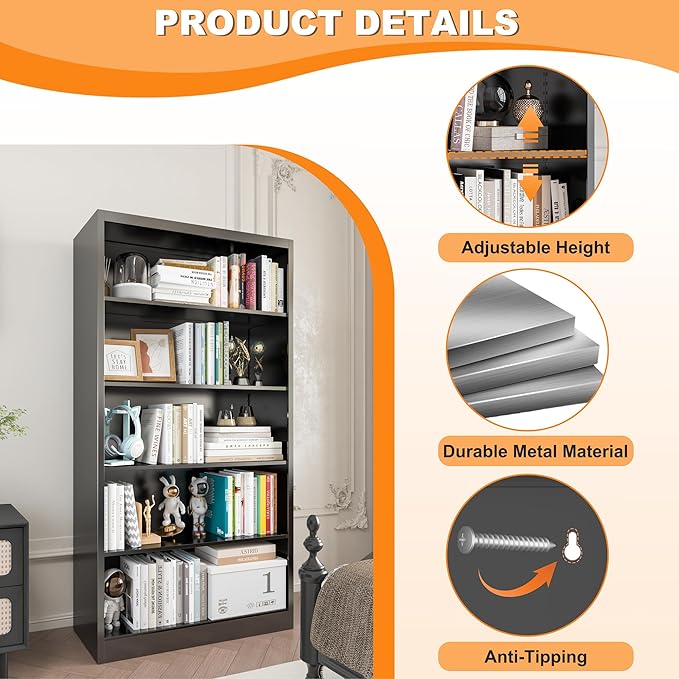66" Tall Metal Bookcase, 5 Shelf Black Bookcase with Adjustable Shelves, Large Bookshelves and Bookcases, Modern Book Shelf Storage Organizer for Living Room, Home Office, Library (Black)-Ruum Studio Home