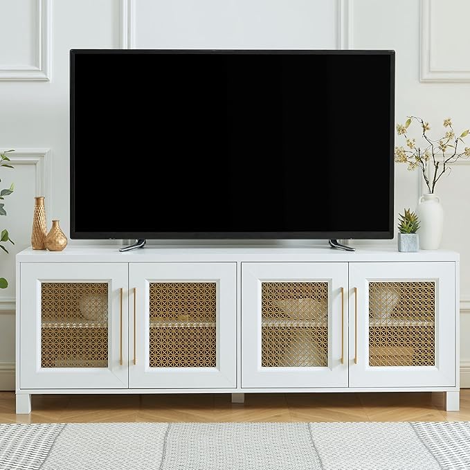 JYED Mid Century Modern TV Stand for TVs up to 75", 69.5" W White Entertainment Center with 4 Gold Metal Mesh Doors - Wood Grain MDF TV Console, Media Storage-Ruum Studio Home