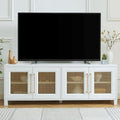 JYED Mid Century Modern TV Stand for TVs up to 75", 69.5" W White Entertainment Center with 4 Gold Metal Mesh Doors - Wood Grain MDF TV Console, Media Storage-Ruum Studio Home