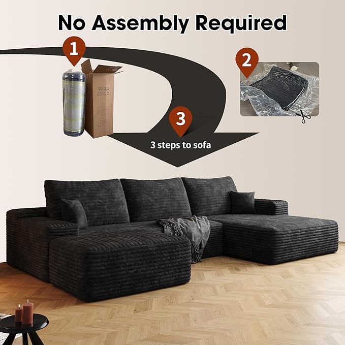 108" Sectional Couches for Living Room Modern Modular Sofa with L-Shape Couchs Upholstered Boneless Couch Deep Seat Sectional Couch with Chaise (Black, Right Facing Chaise+2Seaters+1Ottoman)-Ruum Studio Home
