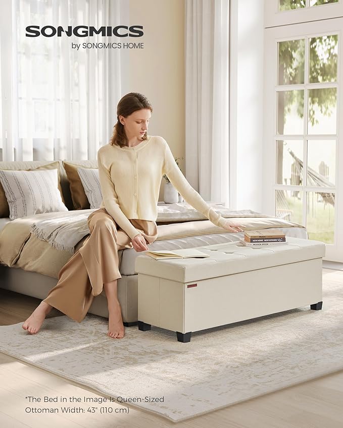 SONGMICS Storage Ottoman Bench, Foldable Foot Rest with Legs, 15 x 43 x 15.7 Inches, End of Bed Bench, Storage Chest, Load up to 660 lb, for Living Room, Bedroom, Entryway, Cream White ULSF018W01-Ruum Studio Home