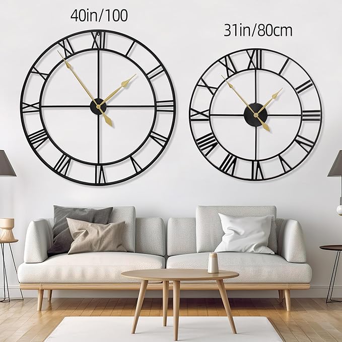 LEIKE 40 Inch Extra Large Modern Wall Clock, Oversize Rustic Round Nearly Silent Battery Operated, Black Metal Roman Numerals Wall Clocks for Living Room, Bedroom, Entrance Home Decor-Ruum Studio Home