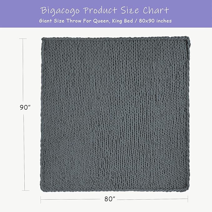 Bigacogo Chunky Knit Throw Blanket for Couch, 80x90 inches, 100% Hand Knitted with Thick Jumbo Chenille Yarn, Cozy Soft Large Rope Knot Cable Crochet Blankets for Sofa Bed Living Room, Iron Gray-Ruum Studio Home