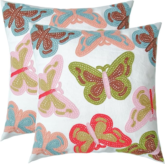 Embroidered Decorative Throw Pillow Cover, 18"x18" Set of 2, Farmhouse Pillowcase Colorful Butterfly Knit Pattern Cotton Canvas Cushion Case Square Floral Pillow Case for Sofa Couch Bed Living Room-Ruum Studio Home