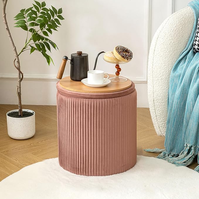 Ottoman with Storage Set of 2, Velvet Storage Ottoman, Upholstered Sponge Vanity Stool Support 300lbs, Multifunctional Coffee Table Foot Rest Ottomans for Living Room Bedroom, Pink-Ruum Studio Home