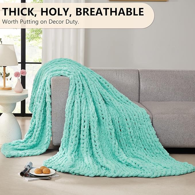 L'AGRATY Chunky Knit Blanket Throw: 60''x80'' Chenille Chunky Knitted Throw Blanket for Bed Couch - Handmade Thick Big Cable Knit Blanket - Large Crochet Rope Blanket for Home Decor(Lake Blue)-Ruum Studio Home