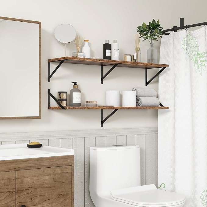 Fun Memories 40 Inch Floating Shelves, 10 Inch Deep Wall Shelf, 40 x 10 Floating Shelf Set of 2, Wood Floating Shelf Wall Mounted, Large Kitchen Living Room Bedroom Storage Shelves, Rustic Brown-Ruum Studio Home