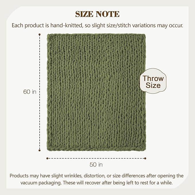 Carriediosa Chunky Knit Throw Blanket 50" X 60", 100% Hand Made Large Chenille Loop Yarn Soft Fluffy Throws for Couch Sofa Bed, Big Crochet Cozy Heavy Thick Cable Woven Blankets, Olive Green-Ruum Studio Home