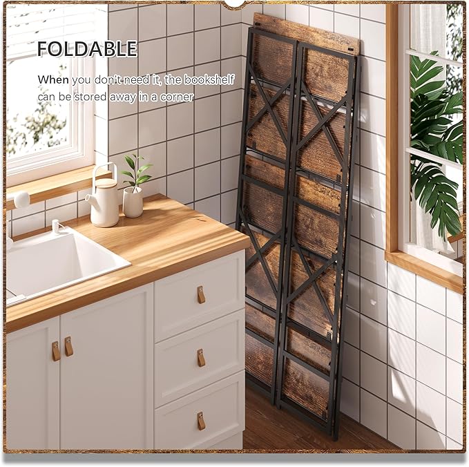 4NM 5 Tiers No Assembly Book Shelves, 51.2" H Folding Bookshelf Bookcase Open Industrial Foldable Shelves for Bedroom, Living Room, Home Office - Rustic Brown Black-Ruum Studio Home