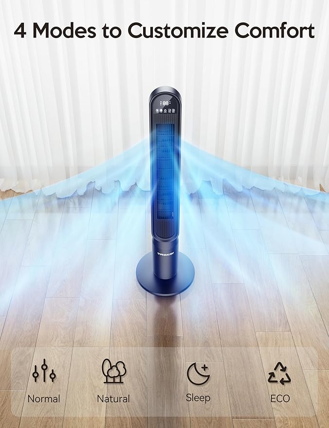 VAGKRI 42 Inch Tower Fan for Bedroom, Bladeless Quiet Floor Fan with 135° Vertical 90° Oscillation Fans for Indoors use, 4 Speeds, 4 Modes, 15H Timers Standing Fans with Remote Black-Ruum Studio Home