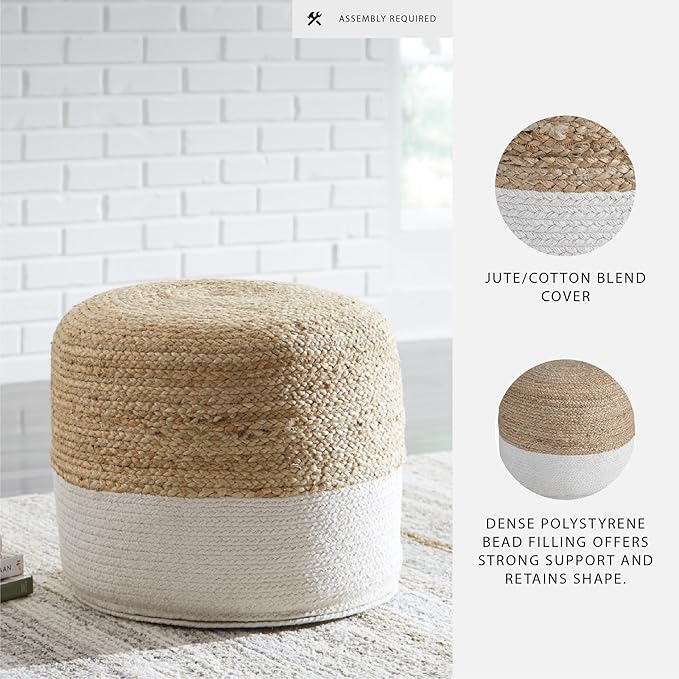 Signature Design by Ashley Sweed Valley Jute & Cotton Pouf, 19 x 19 Inches, Beige & White-Ruum Studio Home