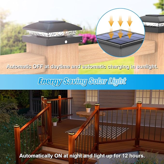 VOLISUN 4x4 Solar Post Cap Light 6pack,Solar Fence - Cap Lights Outdoor Waterproof for Wooden/Vinyl Post,Black Deck Post Cap Light Solar Powered with Warm White for Garden/Patio/Porch-Ruum Studio Home