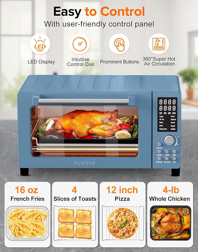 Nuwave Bravo Pro Smart Air Fryer Toaster Oven Combo, Airfryer Convection Oven Countertop, 10-in-1 Functions with Quicker & Even Crisp Technology, 1800W, 50-450°F, PFAS-Free, 21QT, Cozy Blue-Ruum Studio Home