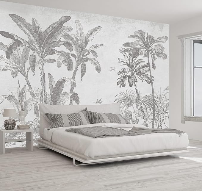 Gray Jungle Landscape Wallpaper Mural Tropical Banana Leaf Wall Mural (Not Peel and Stick)-Ruum Studio Home