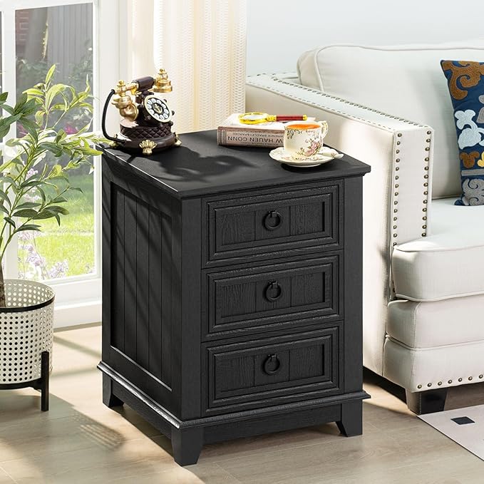 Farmhouse Night Stand Set of 2, 18" End Table with 3 Drawer Metal Handle, Dresser for Bedroom, Sofa Bed Side Table Chest of Drawers,Wood Nightstand Cabinet for Organizer, Living Room-Black-Ruum Studio Home
