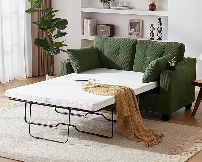 Pull Out Sofa Bed, Full Size Sleeper Sofa, 2-in-1 Convertible Corduroy Couch with USB Charging, Memory Form Couch for Living Room, Apartment and Small Space (Green, Corduroy - Full Size)-Ruum Studio Home