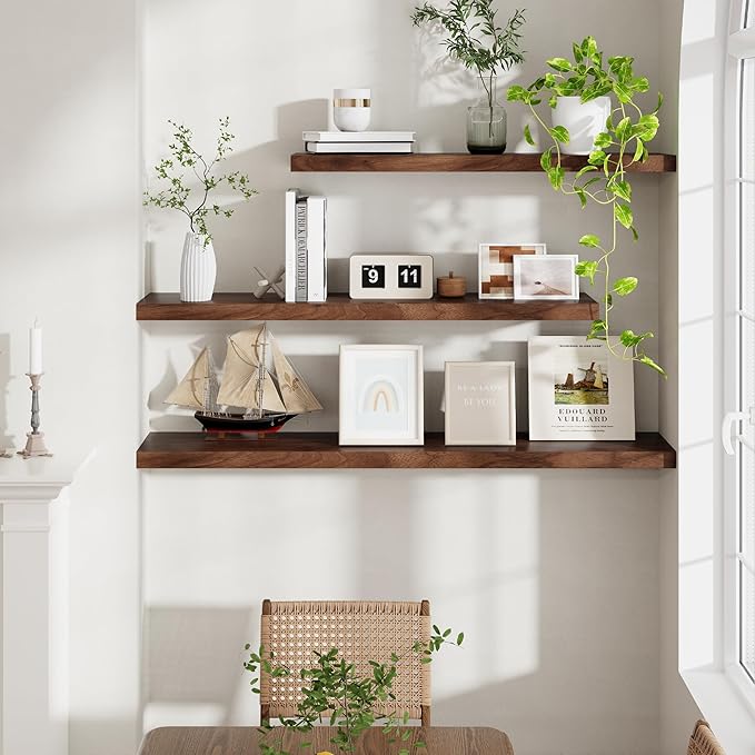55 Inch Floating Shelves Set of 2, Rustic 55 x 9 Floating Shelf for Wall, 9 Inch Deep Wall Shelves Invisible Bracket, Large Deep Shelving for Bedroom, Kicten, Living Room, Walnut Color-Ruum Studio Home