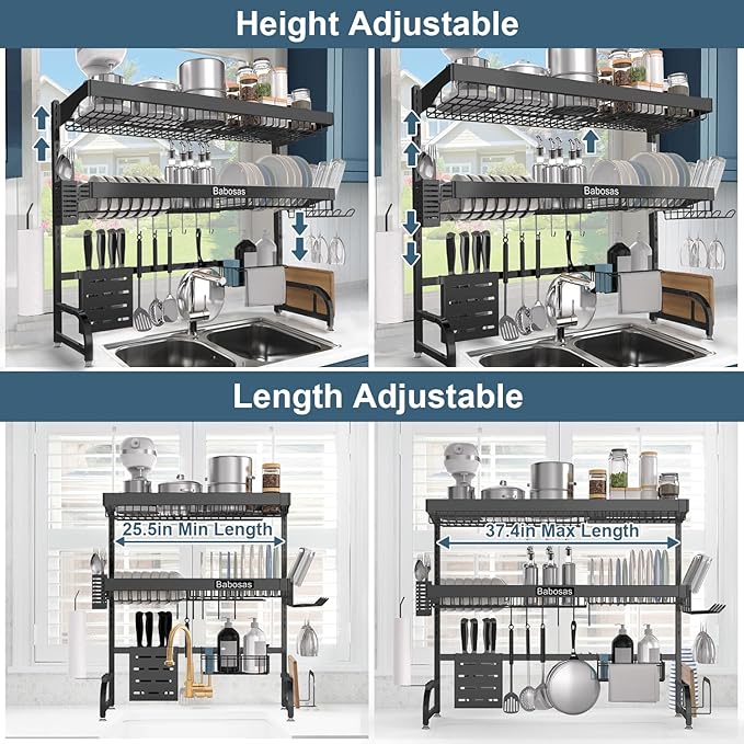 Over The Sink Dish Drying Rack,3 Tier Adjustable Length (25.5'' to 37.4'') Full Stainless Steel Large Storage Kitchen Dish Rack,for Kitchen Counter Expandable Multifunctional Organizers,Black-Ruum Studio Home