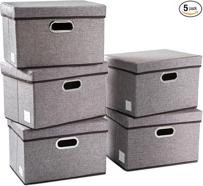 PRANDOM Collapsible Storage Containers with Lids [5-Pack] Linen Fabric Foldable Storage Bins Boxes Organizer Baskets Cube with Cover for Home Bedroom Closet Office Nursery (14.9x9.8x9.8)-Ruum Studio Home
