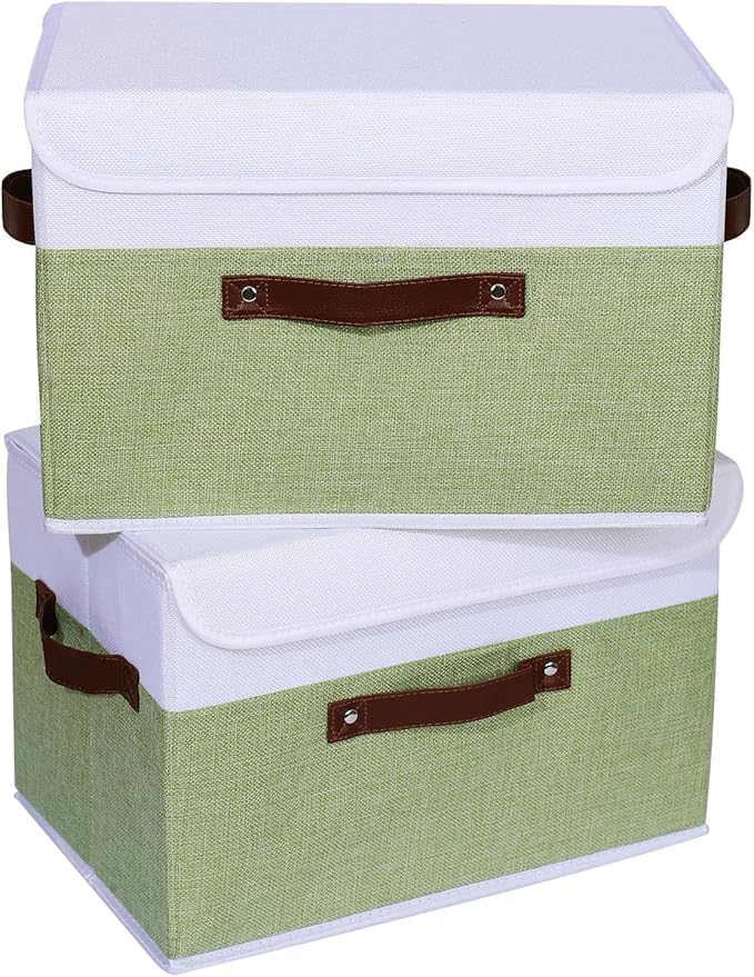 ANMINY 4PCS Storage Boxes with Lid Washable Decorative Storage Bins Basket with PU Leather Handle Foldable Linen Fabric Storage Cubes Containers for Home Closet Organizer - Green White, Large Size-Ruum Studio Home