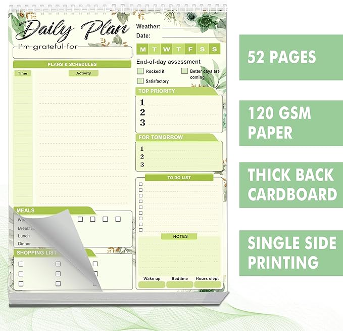 Daily Plan Notepad, 52 Sheets 8.5" X 11.5" Daily for To-Do Lists, Habit Tracking, Academic Scheduling, and Productivity Goals - Perfect for Work, Home, and Office Organization| Tropical Green Floral-Ruum Studio Home