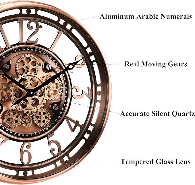 CLXEAST 21 Inch Moving Gear Wall Clock for Modern Farmhouse Living Room Decor,Large Industrial Steampunk Wall Clock for Home Office,Metal Copper Finished,House Warming Gifts New Home-Ruum Studio Home
