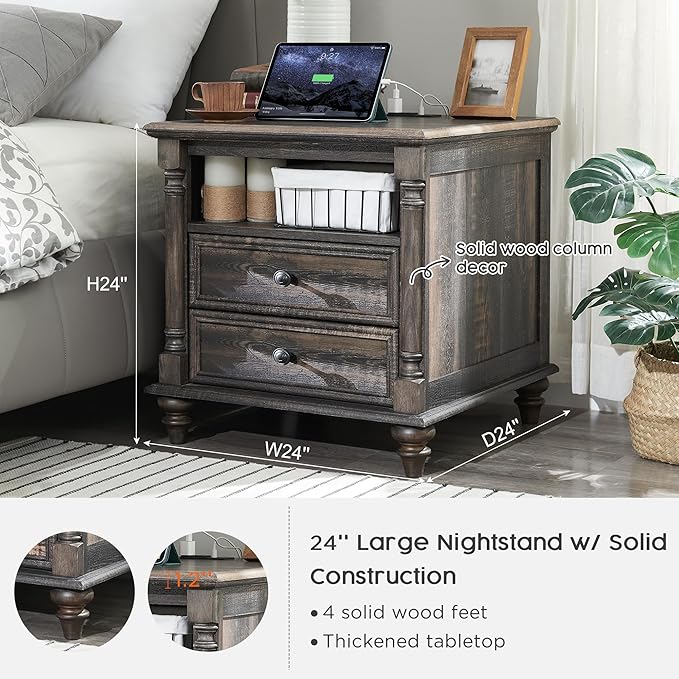 T4TREAM 24'' Farmhouse End Table w/4 Solid Wood Feet, Large 2 Drawers Wide Sofa Side Table with Charging Station, Tall Rustic Wood Square Nightstand for Living Room, Bedroom, Office, Dark Rustic Oak-Ruum Studio Home