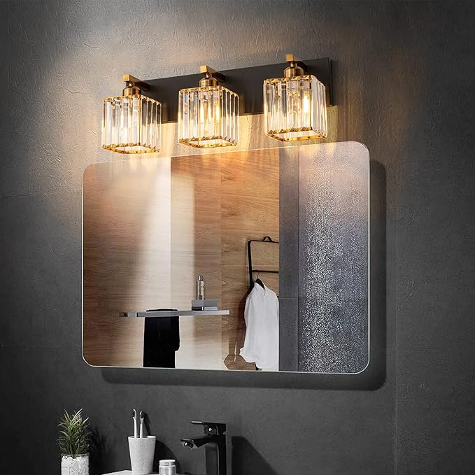 Modern Bathroom Vanity Light 3-Lights Black Gold Crystal Bathroom Wall Light Vanity Light Fixtures，20.47-inch Modern Minimalist Design-Ruum Studio Home