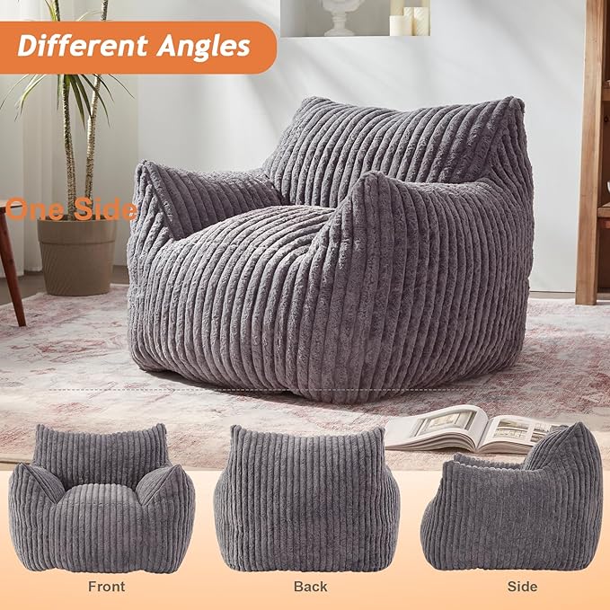 Giant Bean Bag Chairs for Adults with Filling Plush Fluffy Bean Bag Chairs for Teens with Armrests Comfy BeanBag Lazy Couch Sofa Chair for Bedroom Living Room Reading (Dark Gray2, M-for Teens/Adults)-Ruum Studio Home