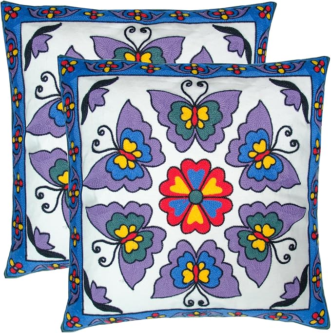 Embroidered Decorative Throw Pillow Cover, 18"x18" Set of 2, Farmhouse Pillowcase Purple Butterfly Knit Pattern Cotton Canvas Cushion Case Square Floral Pillow Case for Sofa Couch Bed Living Room-Ruum Studio Home