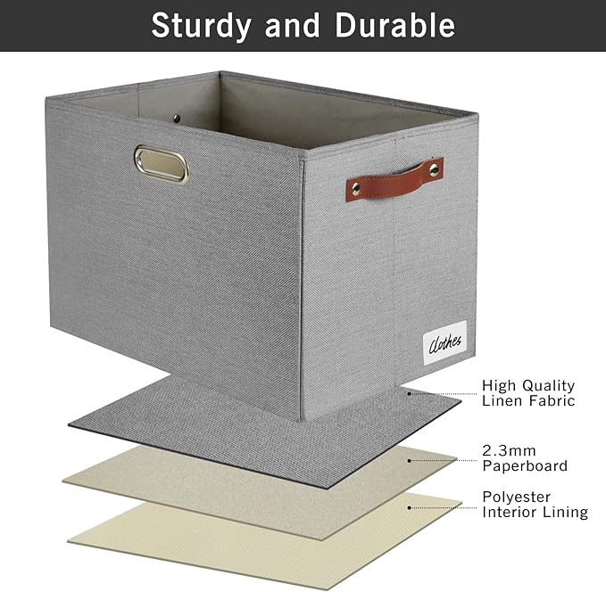 3-Pack Foldable Fabric Storage Bins with Durable PU & Metal Handles, Collapsible Storage Baskets for Shelves, Home Storage, Closet Organizers, Living Room(17"x11.8"x11.8", Grey)-Ruum Studio Home