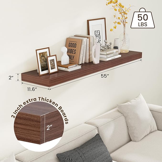 Deep Floating Shelves for Wall - 55 Inch Wide x 12 Inch Deep Wall Shelves Set of 1 - Rustic Walnut Color Wood Shelves for Living Room, Bathroom, Laundry Room, Bedroom, Kitchen, Home Office-Ruum Studio Home