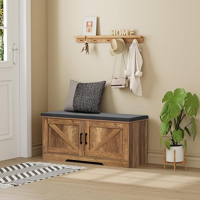 2-Tier Storage Bench, Shoe Bench with Padded Seat Cushion, Entryway Bench with 2 Barn Doors, Adjustable Shelf, 13.8" D x 39.4" W x 17.7" H, for Entryway, Living Room, Bedroom, Rustic Walnut-Ruum Studio Home
