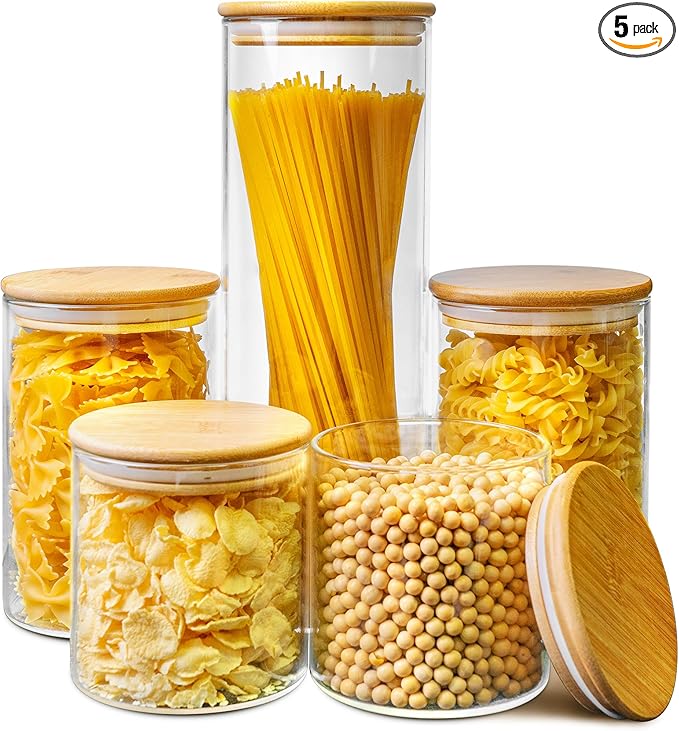 Multi Size - 5 Pack Glass Jars with Bamboo Lids, Glass Pantry Storage Containers with Airtight Lids, Round Air Tigh Food Storage Canisters for Cereal, Pasta, Flour, Sugar, Best for Kitchen Organizer-Ruum Studio Home