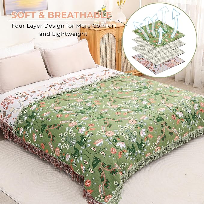 Boho Ultra Soft Throw Blanket 60''x80',100% Cotton Blankets for Couch Bed,Squirrel Farmhouse Home Decor Bed Blankets, All Season Rustic Reversible Bohemian Lightweight Throw for Bed -Light Green ﻿-Ruum Studio Home