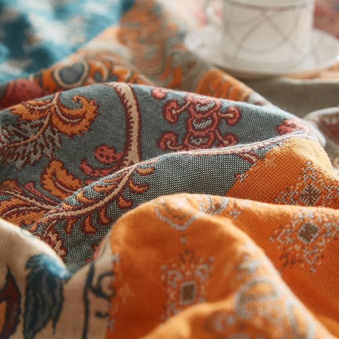 Boho Throw Blanket for Couch Sofa Bed, 100% Cotton Woven Quilt with Tassel 60”x80”, Super Soft Muslin Blanket with Floral Printed, Decorative Reversible Bed Blanket/Cover for All Seasons-Ruum Studio Home