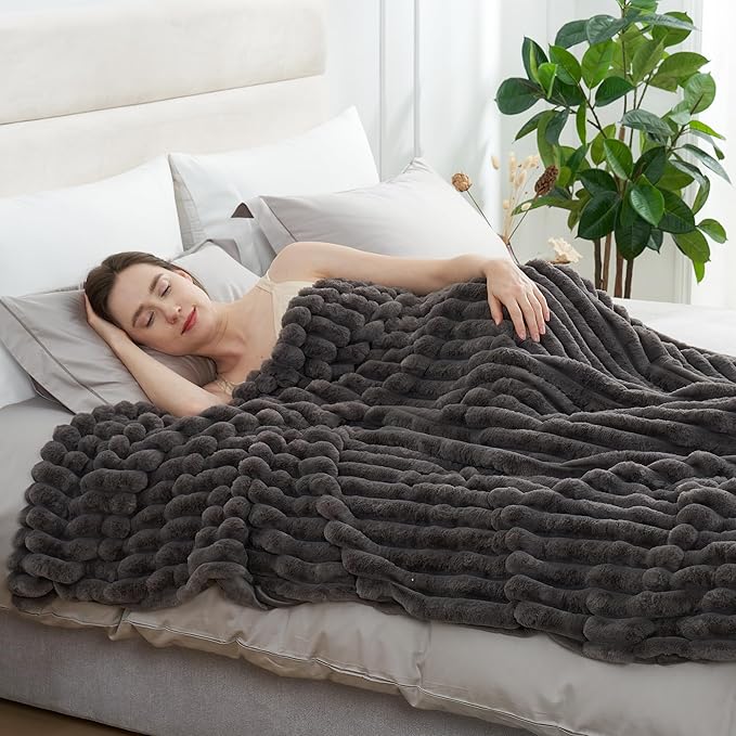 Amélie Home Faux Fur Throw Blanket for Couch, Cozy Fuzzy Fluffy Fur Luxurious Soft Striped Plush Gift Blankets for Family Sofa Chair Bed Living Room Bedroom, 60"x80", Charcoal Grey-Ruum Studio Home