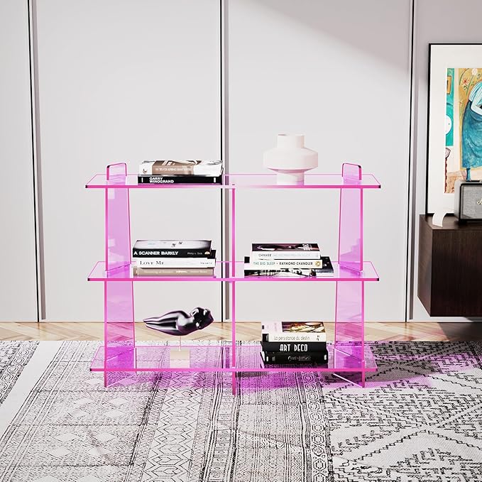 Acrylic Bookshelf, Small 3 Tier Open Bookcase for Small Spaces,Sofa Table, Hallway Entry Table for Home Living Room (Pink, 39.4'' x 11.8'' x 31.5'')-Ruum Studio Home