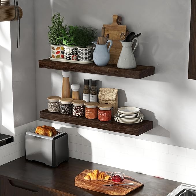 Rustic 30" Floating Shelves, Real Elm Wood Floating Shelf for Wall, Heavy-Duty Wall Shelves for Books, Wooden Floating Shelves with Invisible Bracket for Bathroom, Kitchen, Walnut Color, Set of 2-Ruum Studio Home
