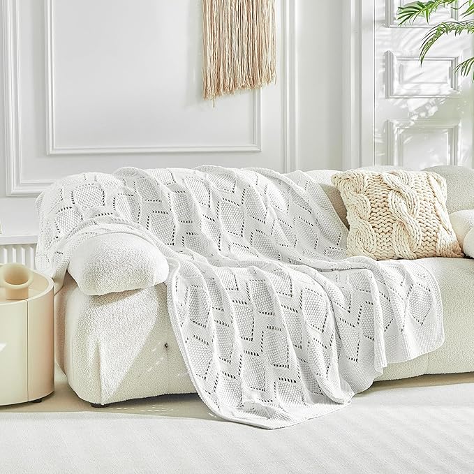 Longhui bedding Chunky Cotton Knit Throw Blanket for Couch, Sofa, Bed, or Chair, Decorative Breathable Fall Cable Knit Blanket 60 x 80 Inches, Large Medium Weight Cream-Ruum Studio Home