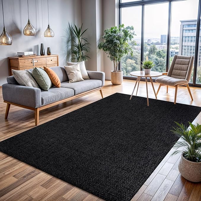CAMILSON Easy Jute Rug 6x9, Indoor Outdoor Dark Gray Black Farmhouse Area Rugs for Living Room Patio and Kitchen Rug, Solid Boho Woven Design, Easy-Cleaning, Washable Outside Carpet Alfombras (6 x 9)-Ruum Studio Home
