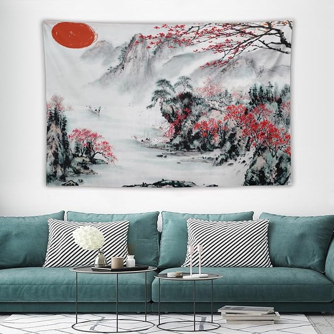 Cherry Blossoms Tapestry,Japanese Red Landscape Asian Watercolor Abstract Art Tapestry, Asian Japanese Wall Tapestry, Nature Landscape Tapestries for Bedroom Living Room Decor 60"x40"-Ruum Studio Home