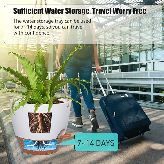 10 Inch Self Watering Hanging Pots, 2 Pack Hanging Planters with 40oZ Deep Reservior for Indoor Outdoor Plants Flowers, White with Brown-Ruum Studio Home