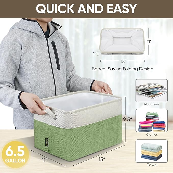 BALEINE 2 Pack Fabric Storage Bins for Shelves, Linen Storage Baskets for Organizing, Decorative Closet Bins for Clothes, Home (Green, 15''x11''x9.5'')-Ruum Studio Home