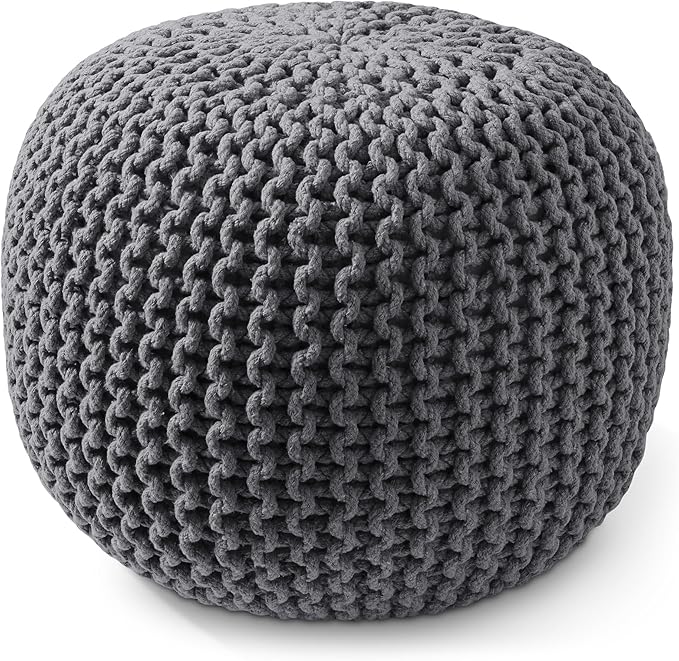 Casafield Round Pouf Ottoman, Dark Gray - 20" Diameter x 14.5" High Cotton Knit Foot Stool - Boho Floor Pouffe for Living Room, Bedroom, Home Office-Ruum Studio Home
