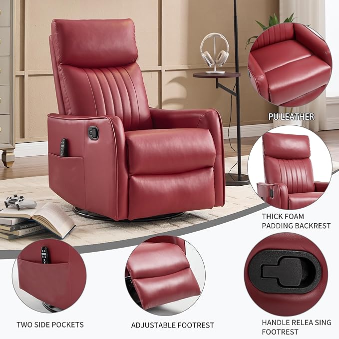 Manual Swivel Rocker Recliner Chair for Adults, Overstuffed Reclining Glider Chair for Nursing with Vibration Massage & Heat, Living Room Rocking Recliner 2-Stage backrest, Faux Leather Red-Ruum Studio Home
